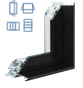 Coupe technique d’un cadre de fenêtre hybride PVC et aluminium noir