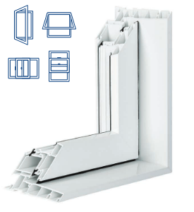 Coupe technique d’un cadre de fenêtre en PVC blanc