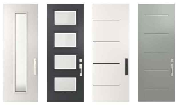 Quatre modèles de portes d’entrée contemporaines blanches, noires et grises