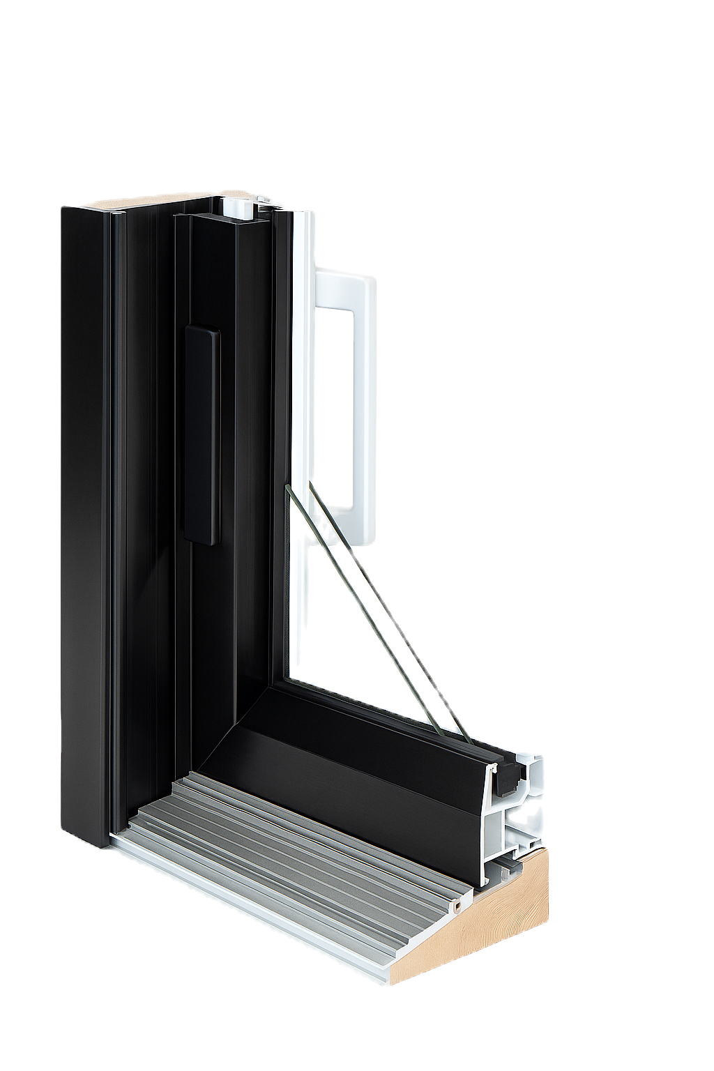 Coupe technique d’un cadre hybride de porte-patio avec aluminium noir extérieur
