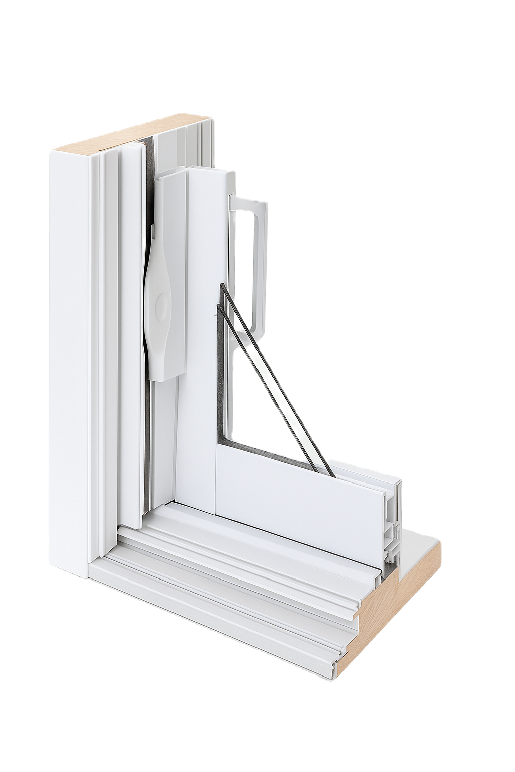 Coupe technique d’un cadre de porte-patio en bois et PVC blanc