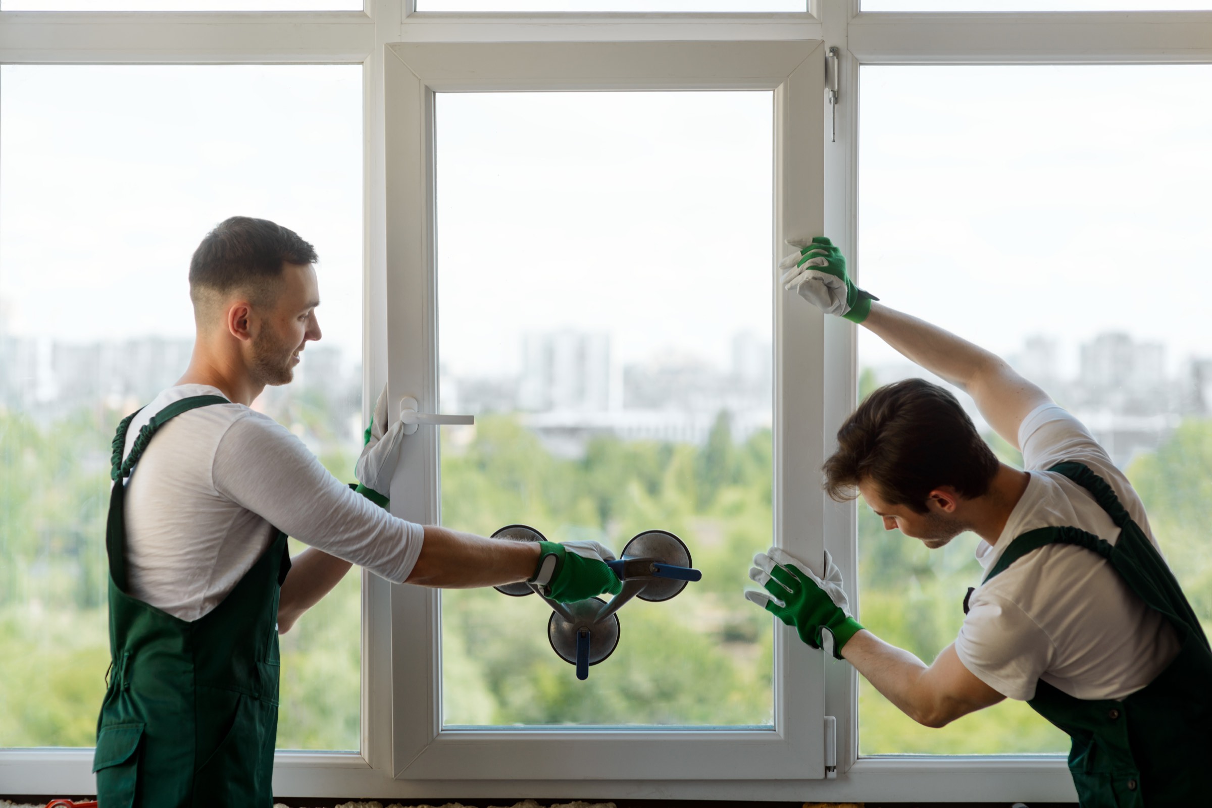 Installateurs Virage Vert posant une grande fenêtre à Laval